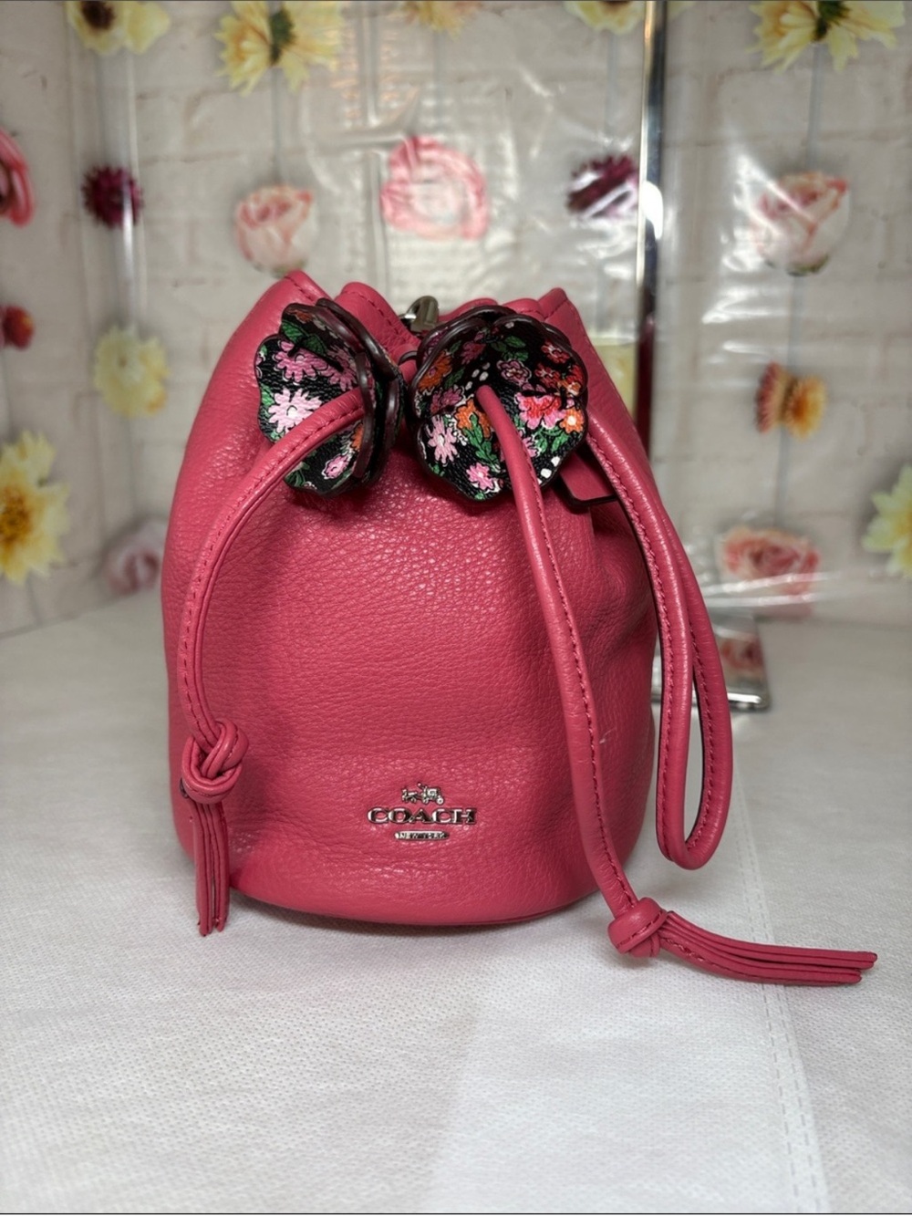 Coach Pebbled Leather Drawstring Mini Bucket Bag with 4 Leather Tea Roses - Picture 3 of 11